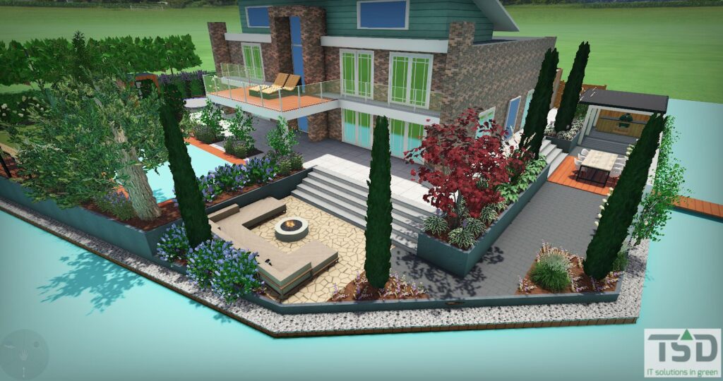3D tuinontwerp met terrassen, trappen, zwembad en kleurrijke borders