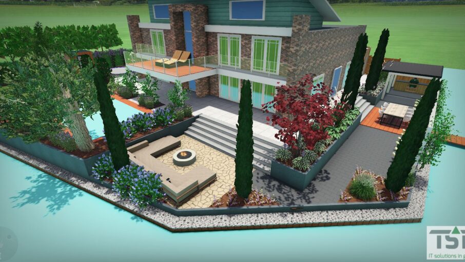 Hoveniers Collectief - 3D tuin design 3D tuinontwerp met terrassen, trappen, zwembad en kleurrijke borders