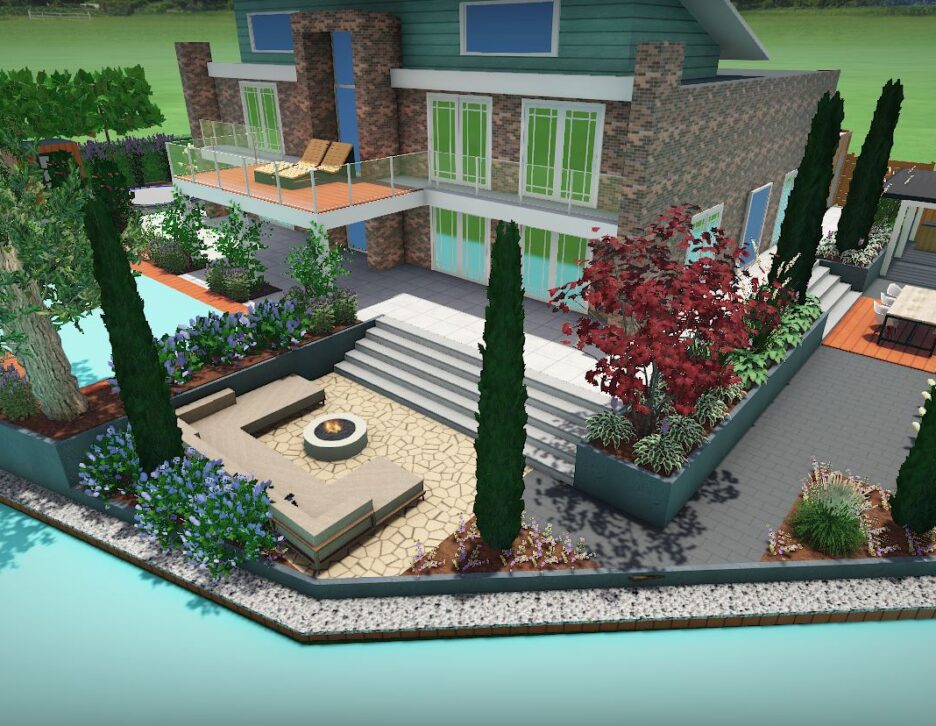 Hoveniers Collectief - 3D tuin design 3D tuinontwerp met terrassen, trappen, zwembad en kleurrijke borders