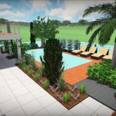 Hoveniers Collectief - 3D tuinontwerp 3D tuinontwerp met zwembad, houten vlonder en terras