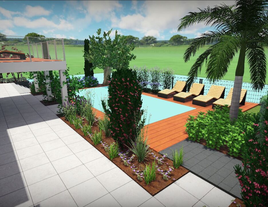 Hoveniers Collectief - 3D tuinontwerp 3D tuinontwerp met zwembad, houten vlonder en terras