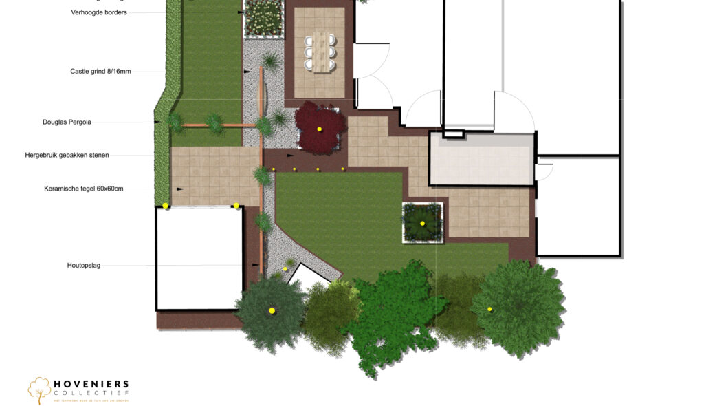 Hoveniers Collectief - 2D Tuinontwerp Haren 2D tuinontwerp met overzicht van terrassen, borders en paden